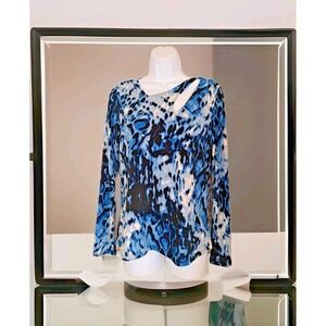 Studio by JPR Popover Top M Blue Abstract Print Cutout Neckline Long Sleeve Boho